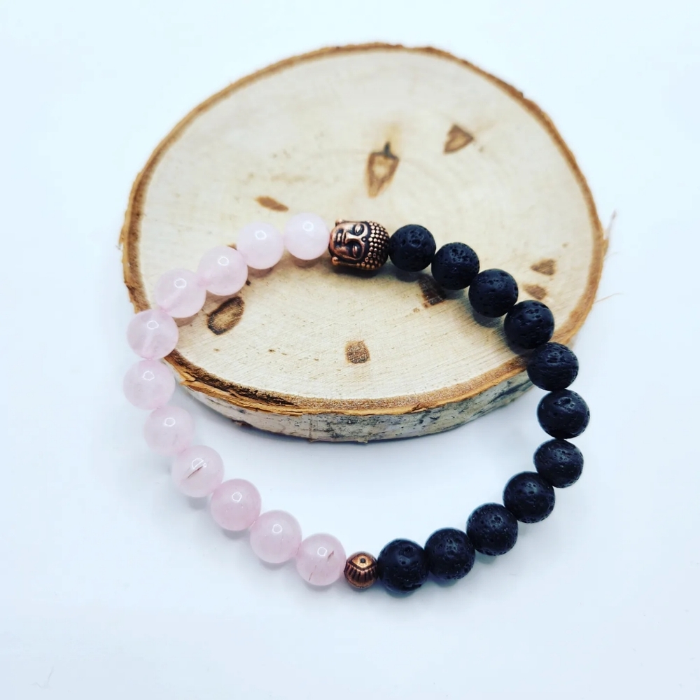 Rose Quartz, Lava Stone, Buddha charm bracelet 8 mm